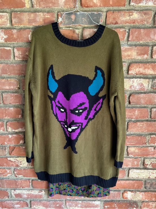 Betsey Johnson Sweaters - Betsey Johnson Olive Green Sweater with Purple & Blue Devil Graphic